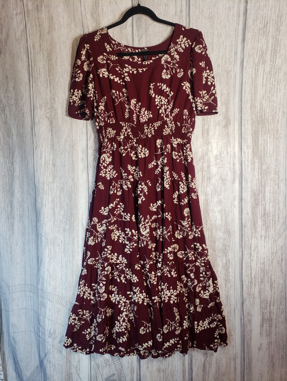 Lovestitch Burgundy and Cream Floral Tiered Maxi Dress Smockwd Bodice Large
